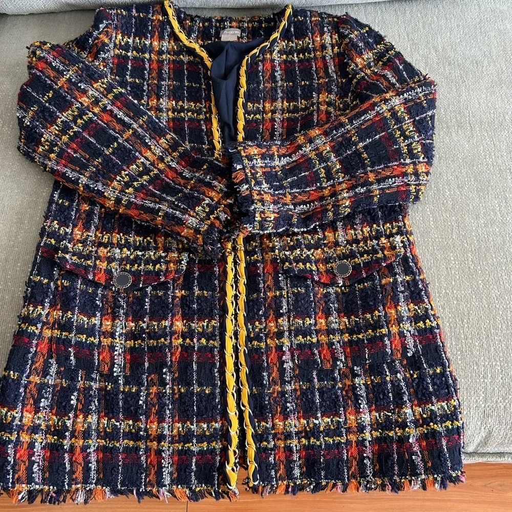 Vintage Chicos Tweed Multicolor Preppy Holidays Chain Open Coat Size 1 - Picture 11 of 12